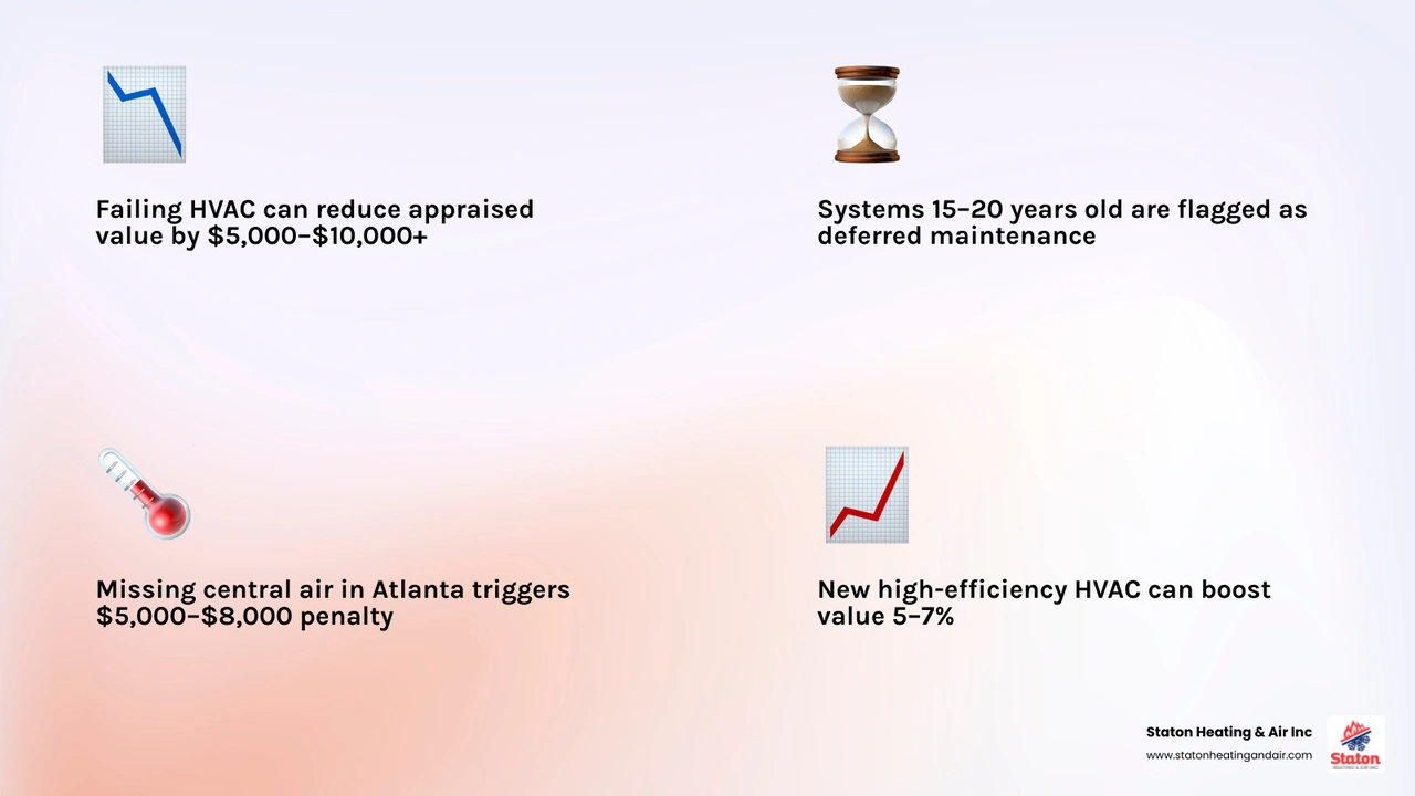 Infographic showing how HVAC condition affects home appraisals including age thresholds, value penalties, and ROI of