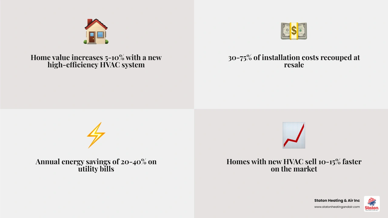 Infographic showing HVAC replacement ROI factors: home value increase, energy savings, payback period, and resale speed