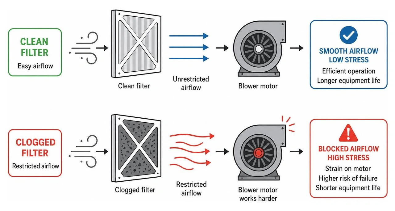 Airflow restriction comparison diagram showing a clean filter allowing smooth airflow versus a clogged filter blocking air