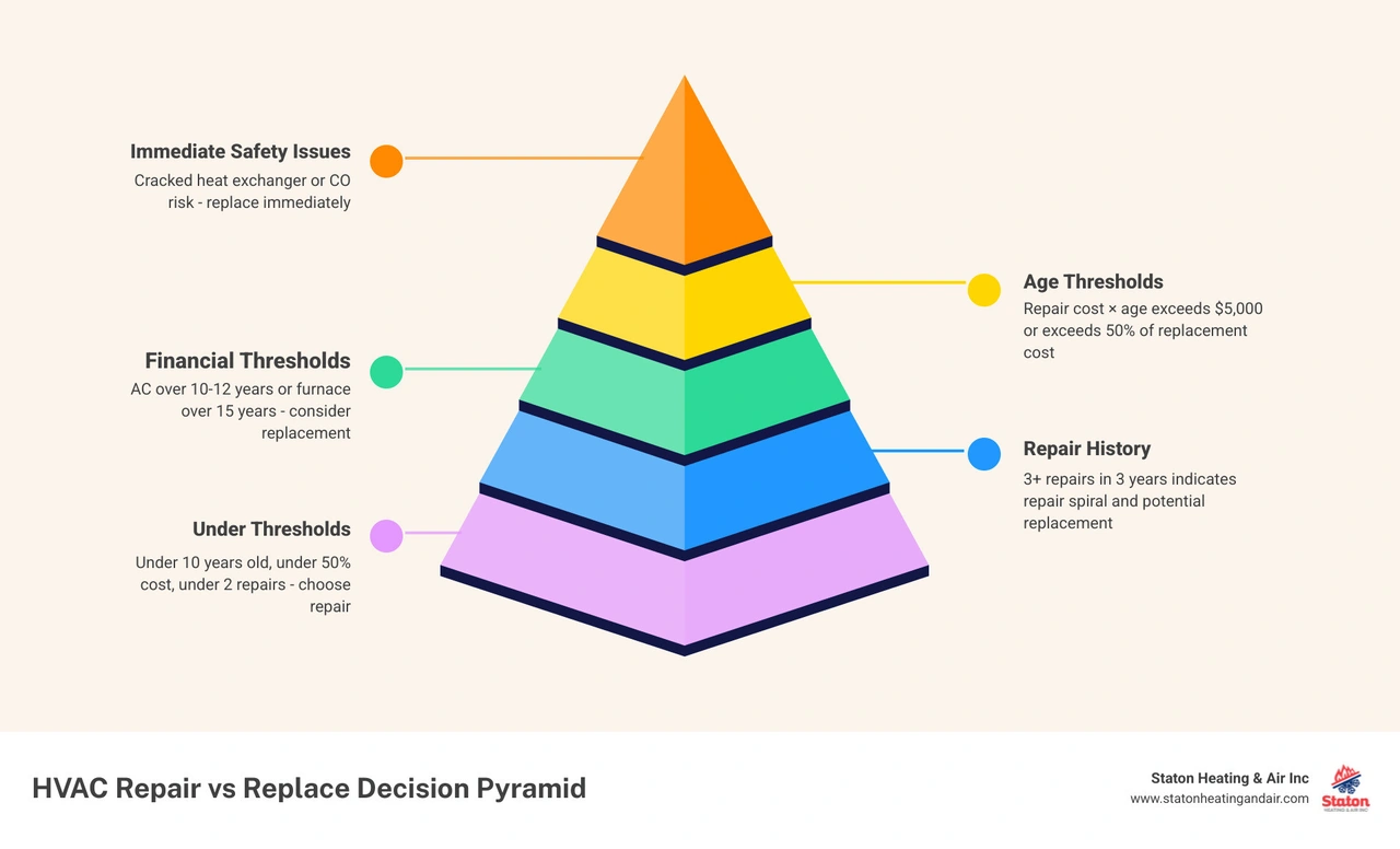 HVAC repair vs replace decision matrix infographic showing age thresholds, cost rules, and replacement triggers infographic HVAC repair vs replace decision matrix infographic showing age thresholds, cost rules, and replacement triggers infographic