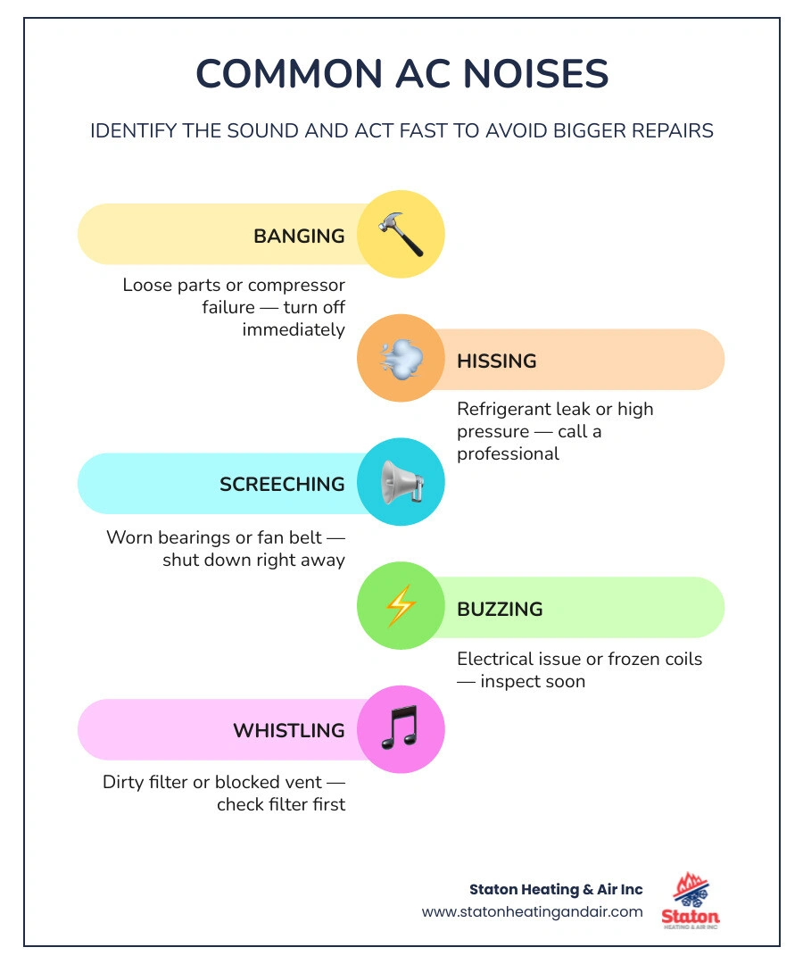 Infographic showing common AC noises, their causes, and urgency levels for homeowners infographic Infographic showing common AC noises, their causes, and urgency levels for homeowners infographic
