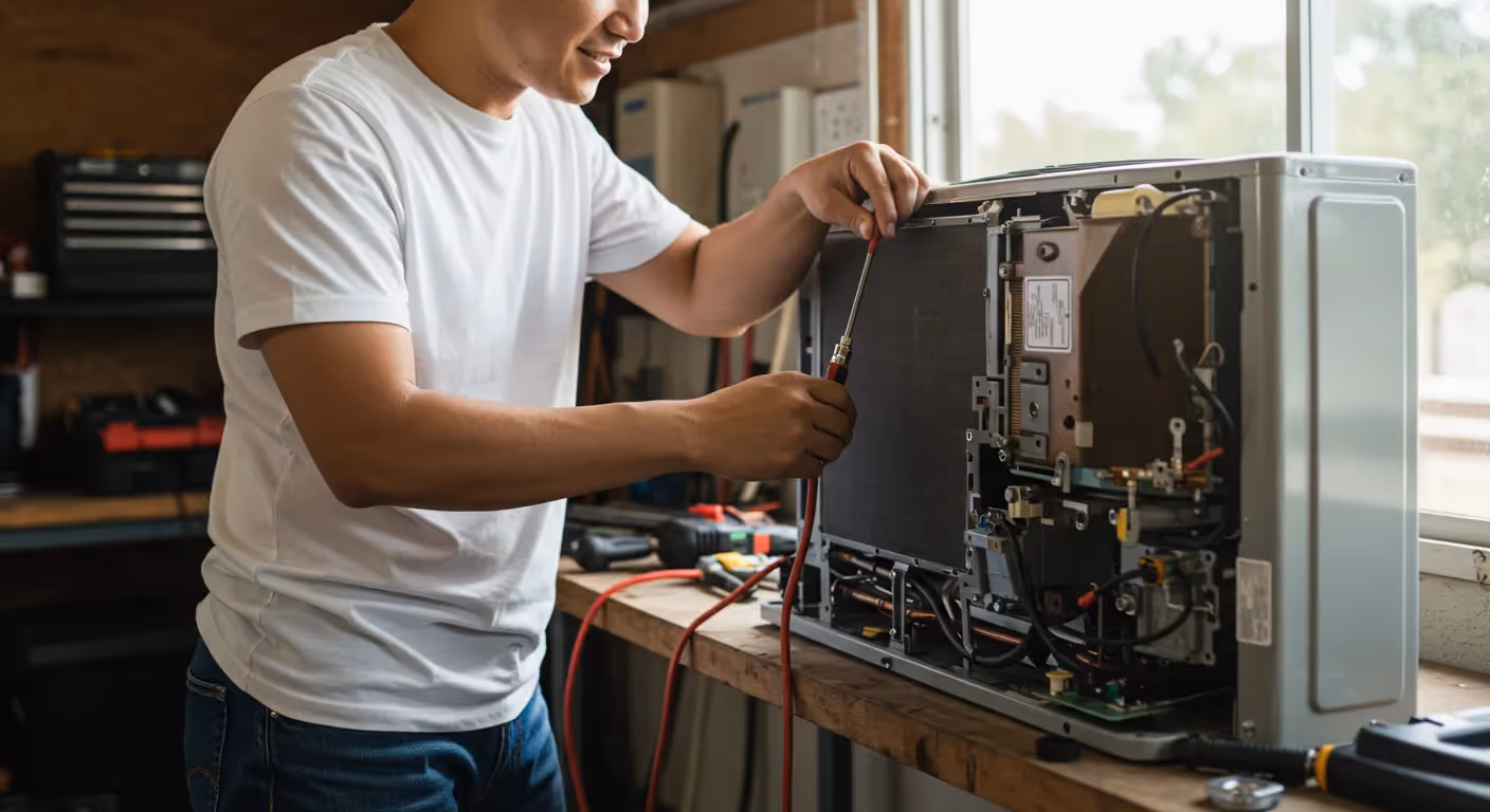 HVAC technician calculating repair costs on a tablet inside a home HVAC technician calculating repair costs on a tablet inside a home