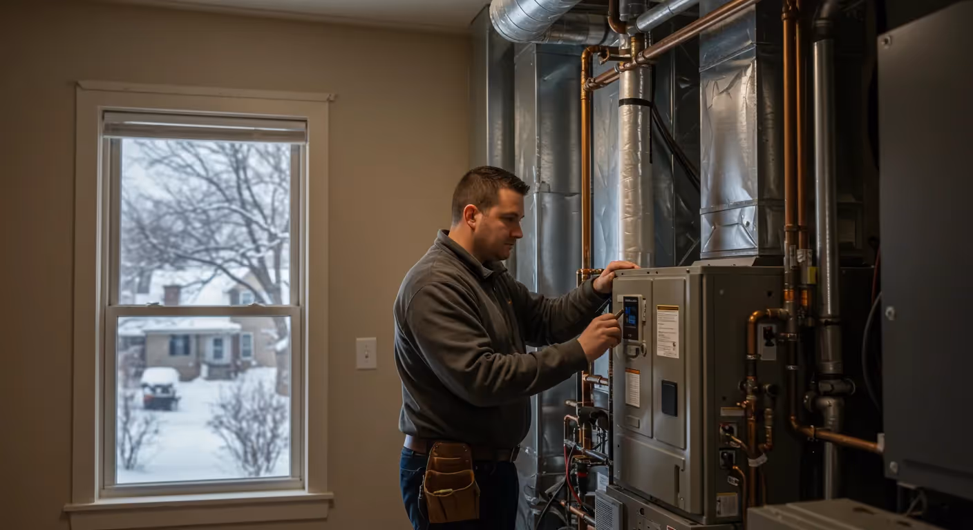 Professional HVAC technician checking a furnace in an Alpharetta GA home basement Professional HVAC technician checking a furnace in an Alpharetta GA home basement